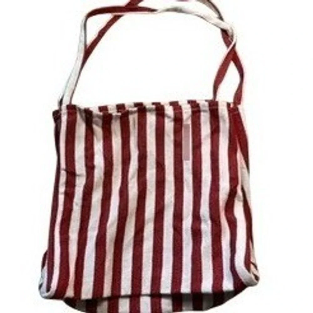 Red and White Striped Woven Cotton Tote Bag Casual Summer Beach‎ Shoulder Bag